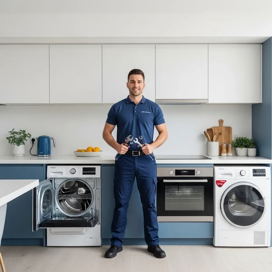 Appliance Repair Epping technician in a kitchen with a washing machine, oven and dryer
